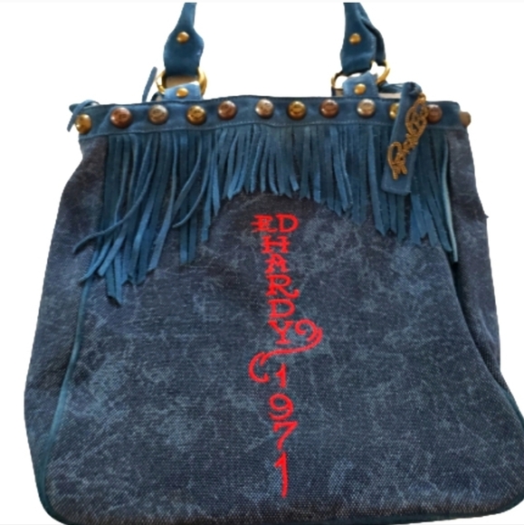 Ed Hardy Vintage Navy Felicia  Denim and Suede  Fringe Bag  Red Accents Rare- - Picture 2 of 16